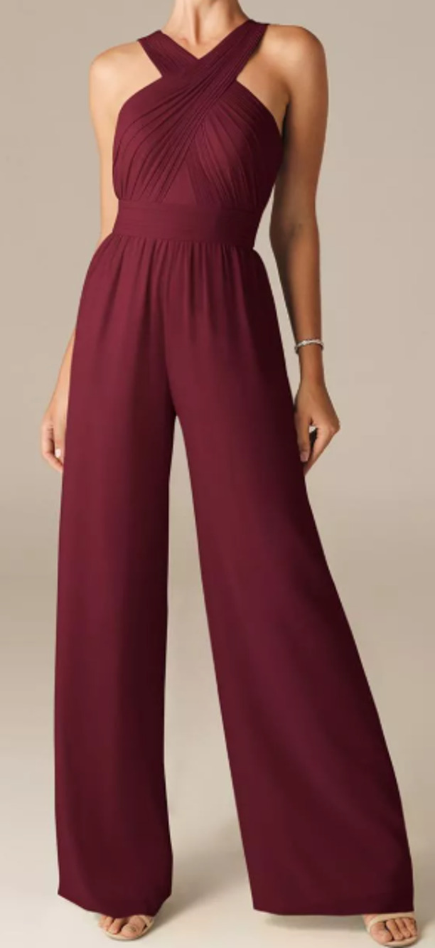 AW BRIDAL 6 S burgundy wine red Lorraine chiffon party wide leg jumpsuit B31